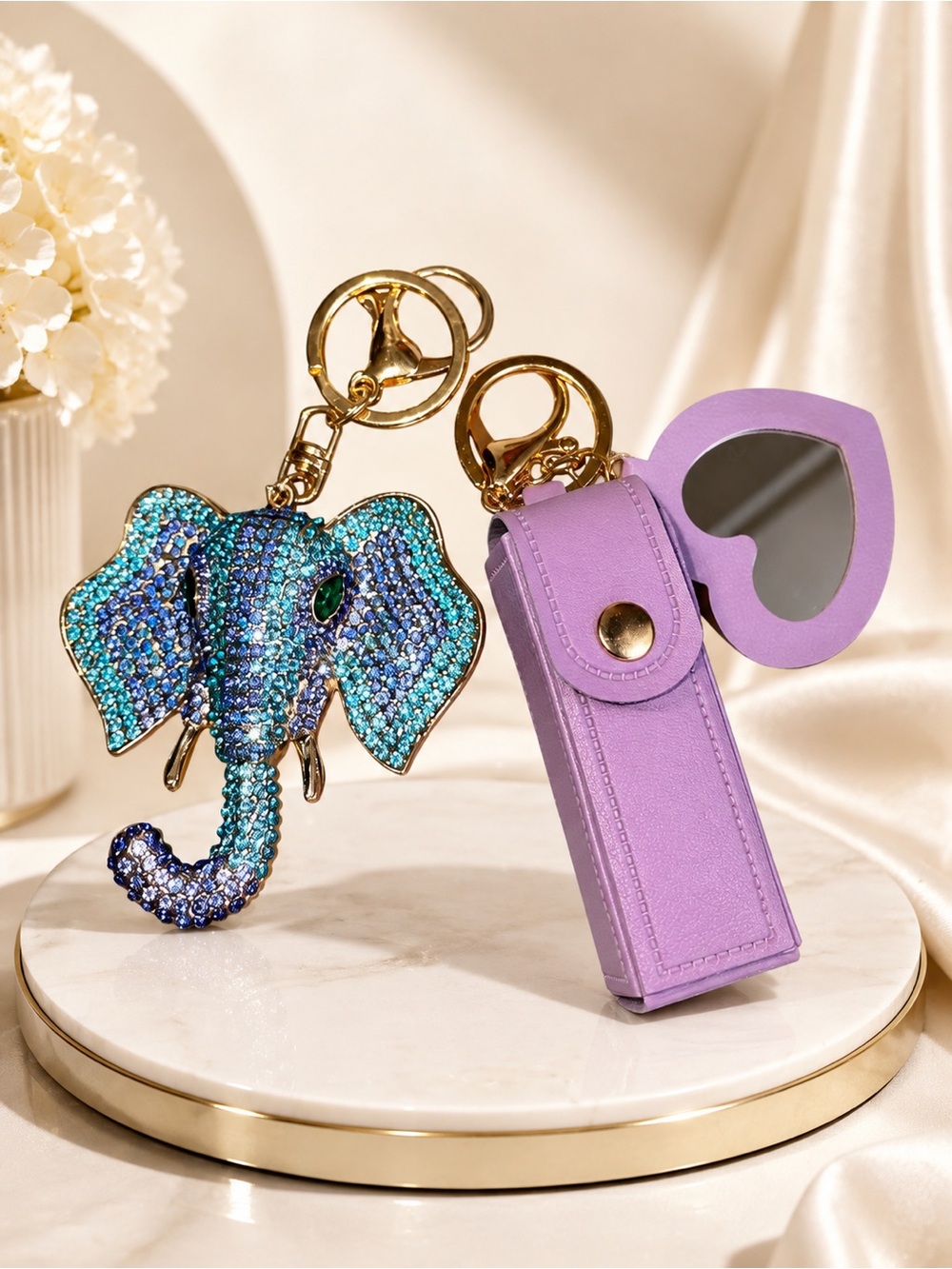 Purple Heart Mirror Keychain with Blue Crystal Elephant Charm
